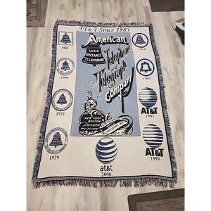 Vintage Tapestry Throw Blanket AT&T Telephone Phone Timeline Blue Cream 70x47"